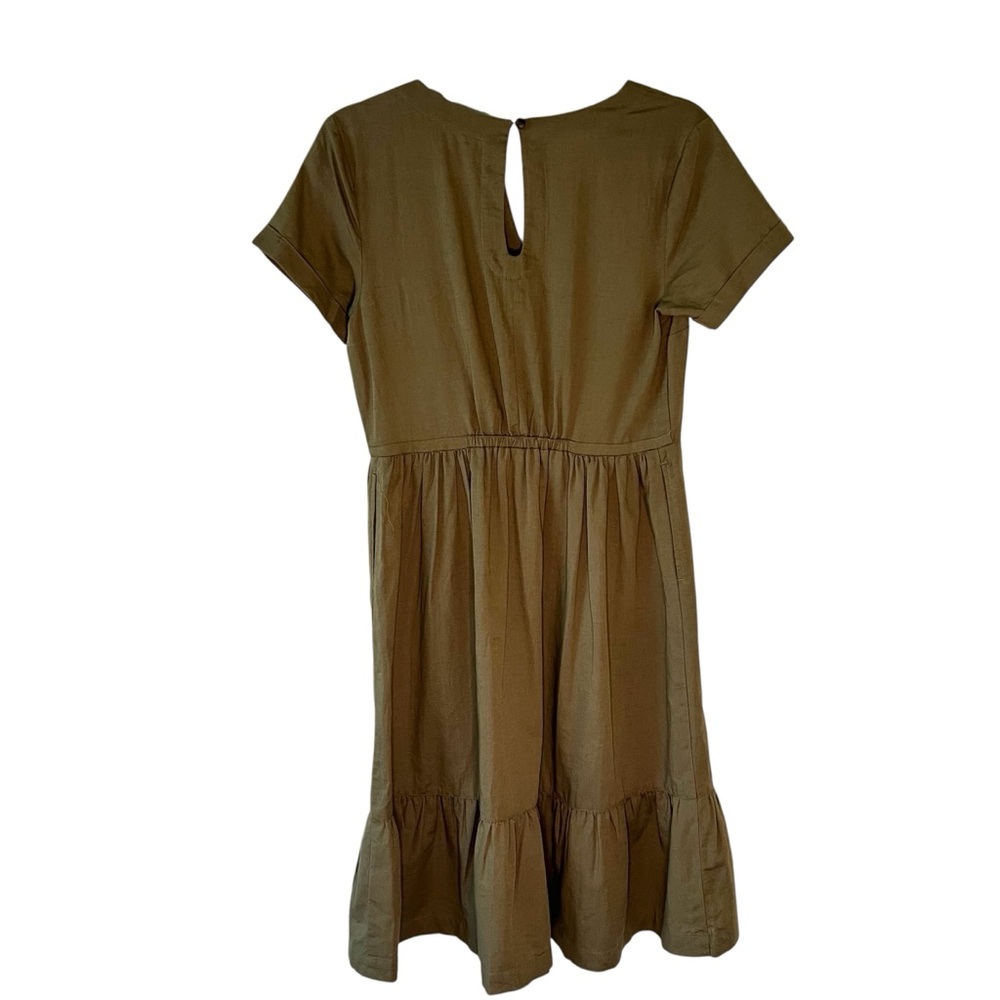 Pact Canopy Linen Blend Tiered Midi Dress Khaki Green Notch Neck XS NWOT - Picture 9 of 15